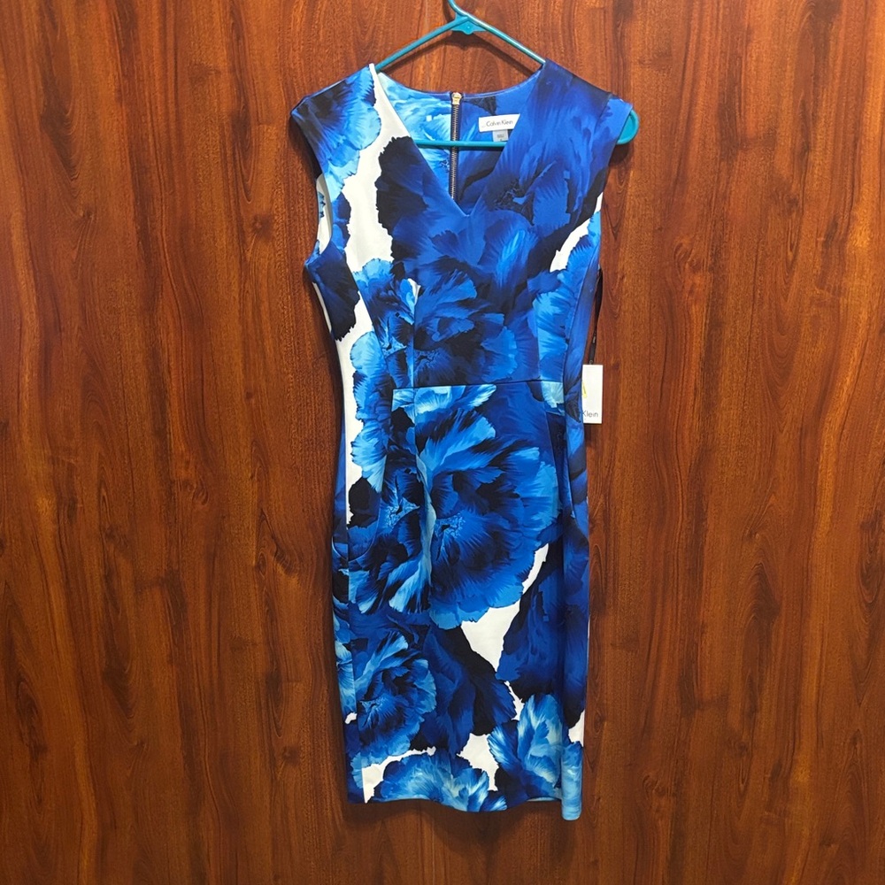 Calvin Klein Blue and White Floral Midi Sheath Dress